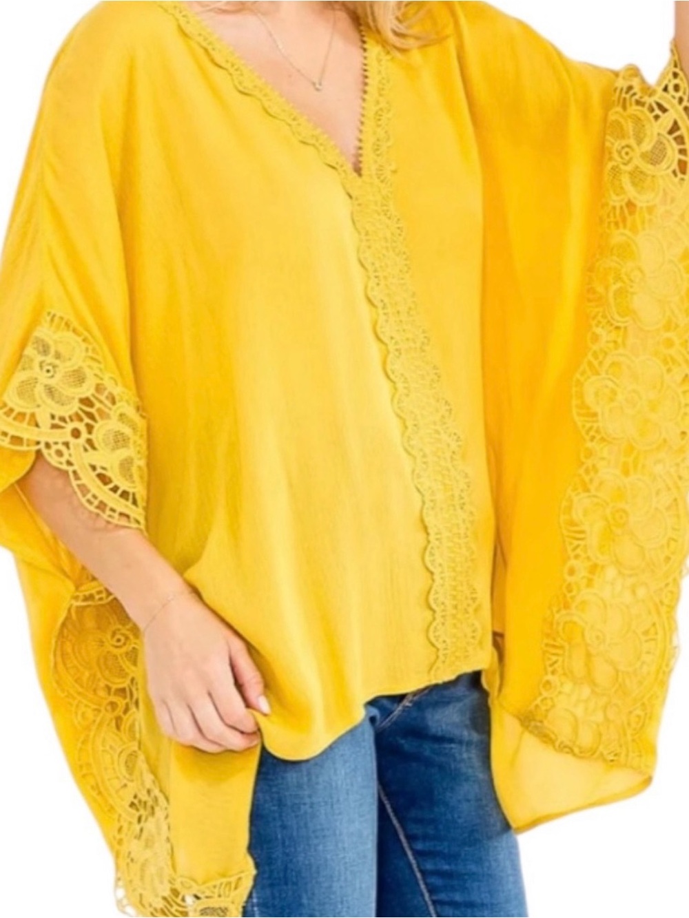 T154 - Rayon Lace Trim Tunic Top in Golden